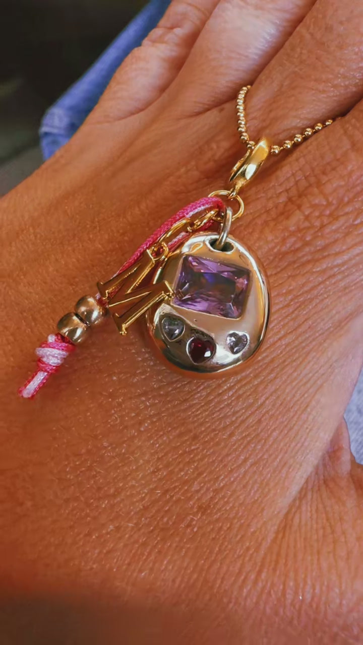 Tamagotchi Charm Necklace with Initial Letter – Solid Bronze, 18k Gold Plated Clickable Bail